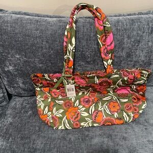 Vera Bradley Olive Tote with Pink & Orange Floral Print